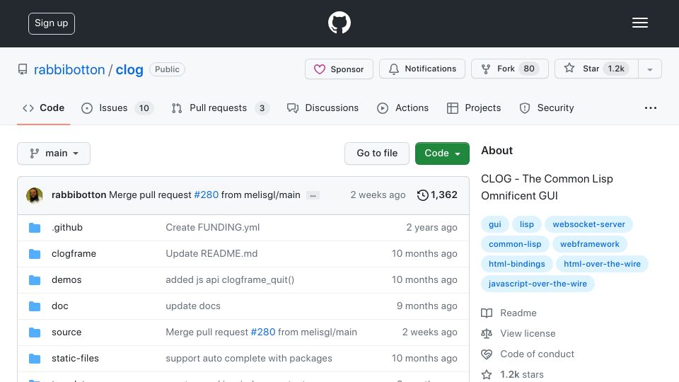 Screenshot of github.com: Clog – The Common Lisp Omnificent GUI