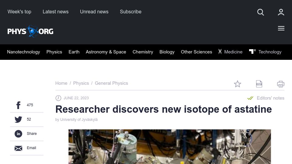 Screenshot of phys.org: Researcher discovers new isotope of astatine