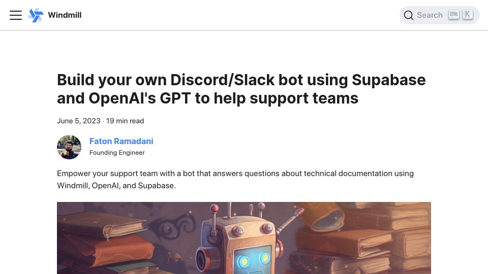 Screenshot of windmill.dev: Show HN: Build a discord/Slack bot to answer questions with your docs and GPT4