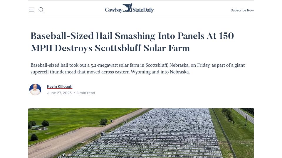 Screenshot of cowboystatedaily.com: Baseball-sized hail destroys Scottsbluff solar farm