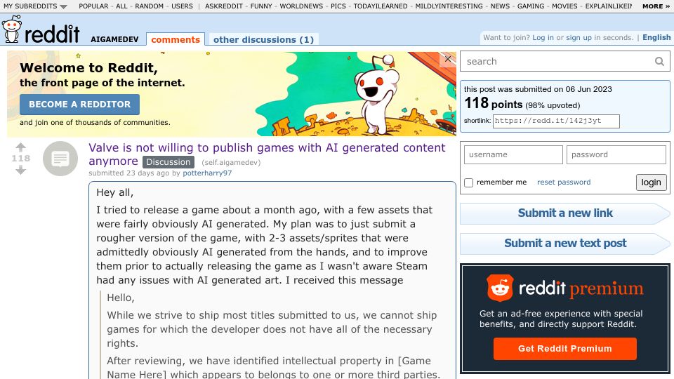 Screenshot of old.reddit.com: Valve bans games using AI generated graphics or text from Steam