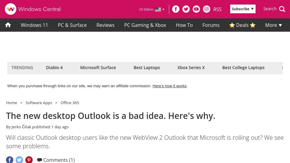 Screenshot of windowscentral.com: The new desktop Outlook is a bad idea