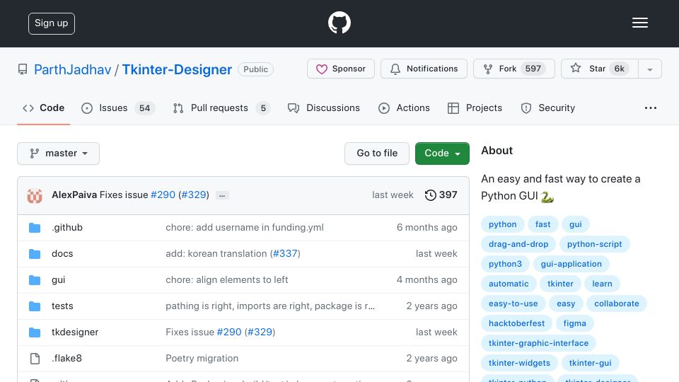 Screenshot of github.com: Tkinter Designer: Quickly Turn Figma Design to Python Tkinter GUI