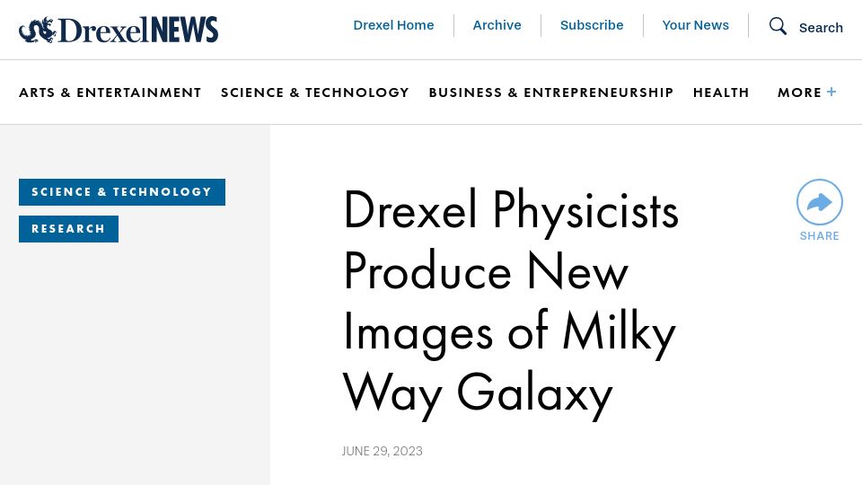 Screenshot of drexel.edu: Physicists produce neutrino images of Milky Way galaxy