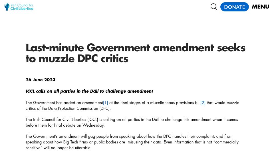 Screenshot of iccl.ie: Last-minute Government amendment seeks to muzzle DPC critics (Ireland)