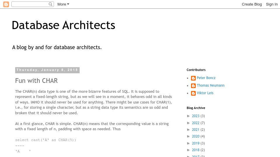 Screenshot of databasearchitects.blogspot.com: Fun with Char in SQL
