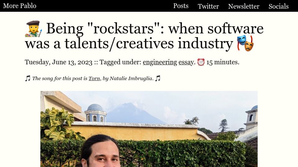 Screenshot of morepablo.com: Being “rockstars”: when software was a talents/creatives industry