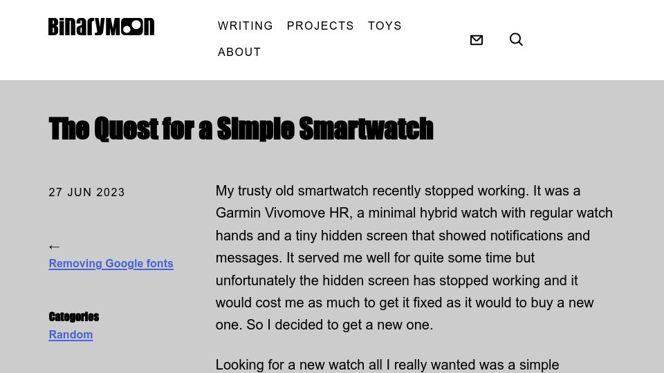 Screenshot of binarymoon.co.uk: The quest for a simple smartwatch