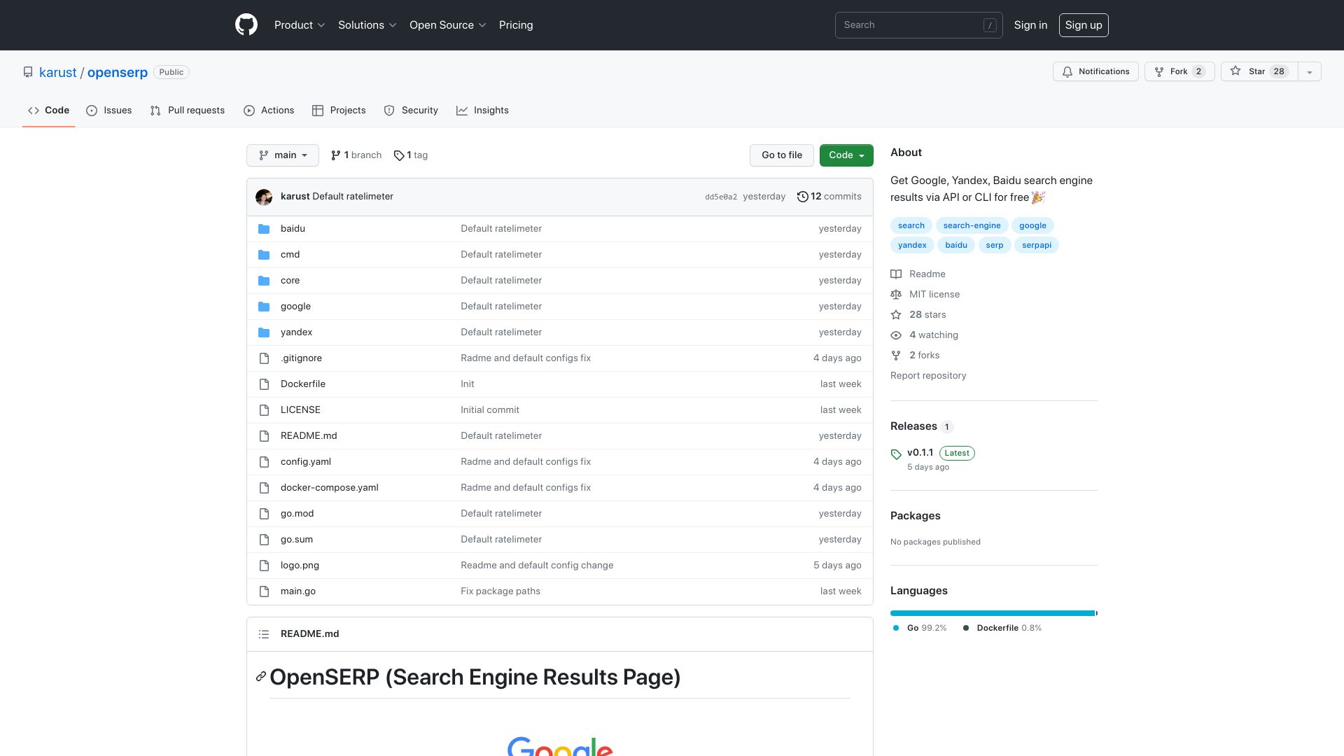 Screenshot of github.com: Now you can search on Google for free: Solution with API