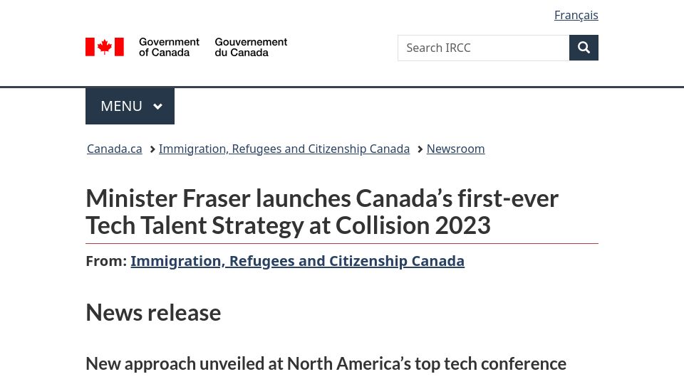 Screenshot of canada.ca: Canada’s new tech talent strategy