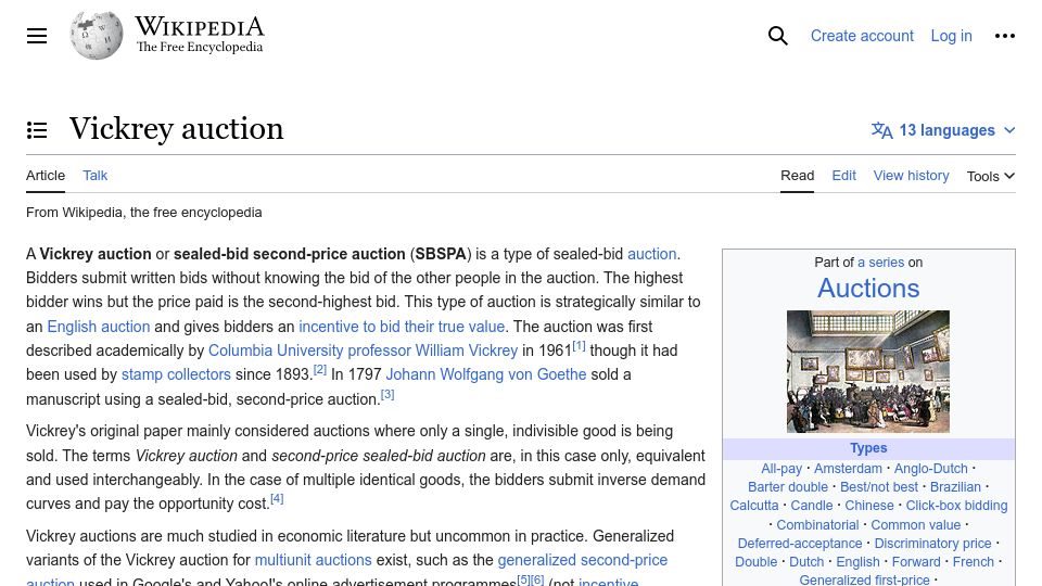 Screenshot of en.wikipedia.org: Vickrey Auction