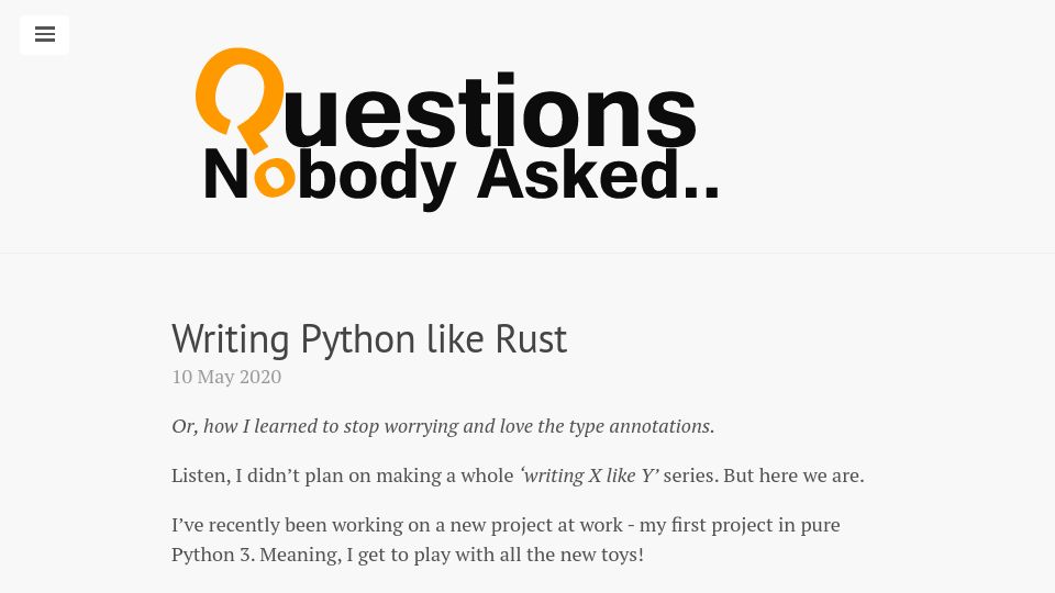 Screenshot of oatzy.github.io: Writing Python like Rust (2020)