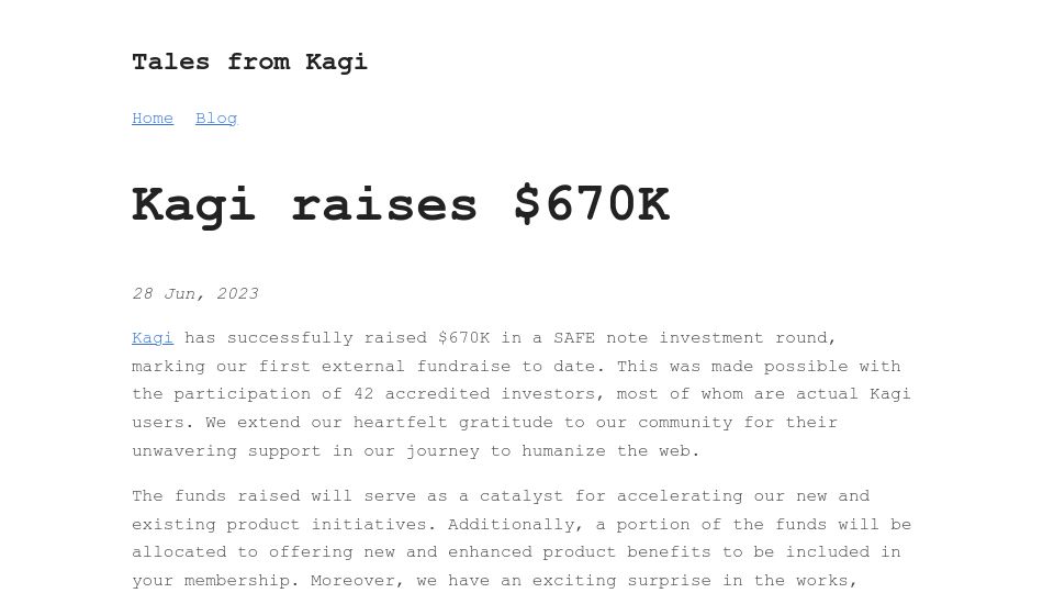 Screenshot of blog.kagi.com: Kagi raises $670k