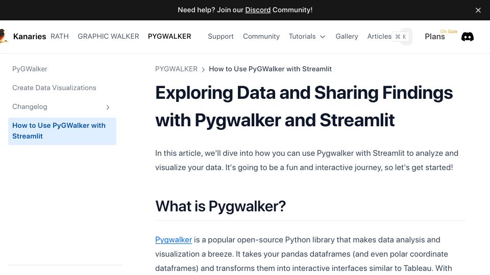 Screenshot of docs.kanaries.net: Use pygwalker to build visual analysis app in streamlit