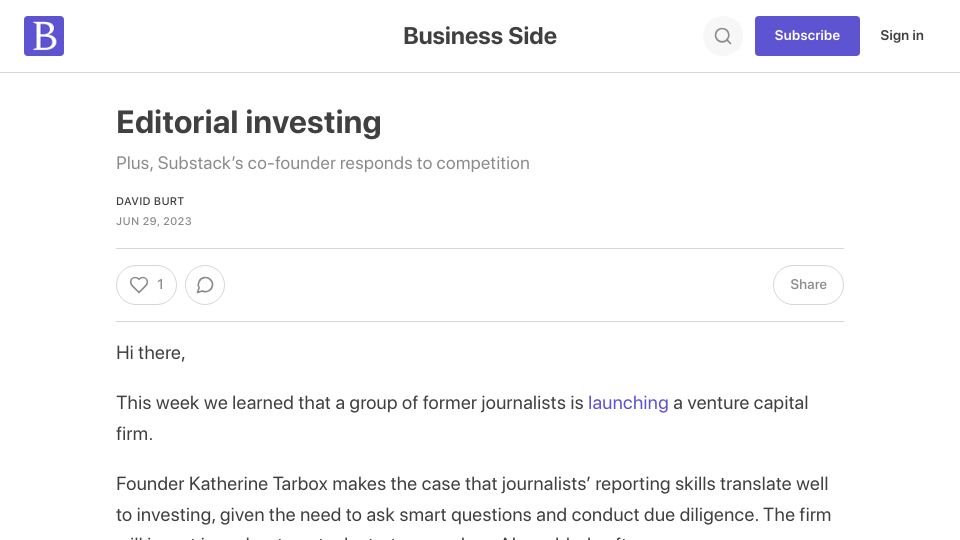 Screenshot of businessside.co: Journalists should invest in journalism startups, particularly now