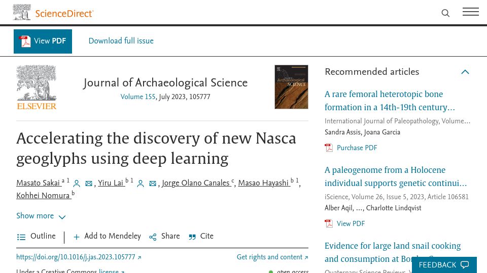 Screenshot of sciencedirect.com: Accelerating the discovery of new Nasca geoglyphs using deep learning