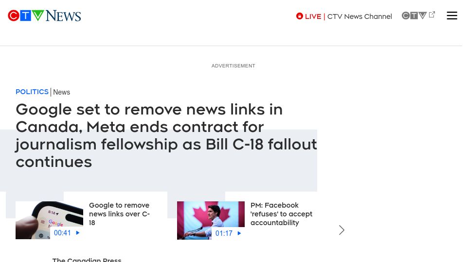 Screenshot of ctvnews.ca: Bill C-18: Google to remove news links in Canada over online news law