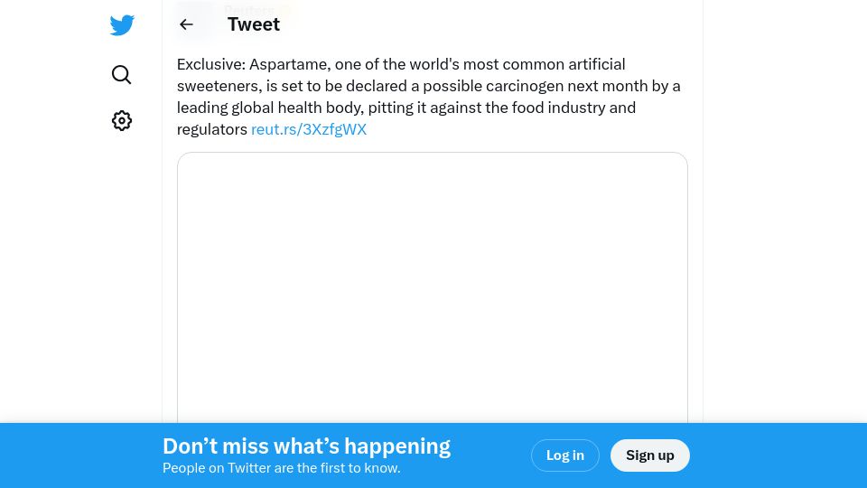 Screenshot of twitter.com: Aspartame is set to be declared a possible carcinogen