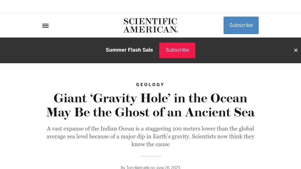 Screenshot of scientificamerican.com: Giant 'Gravity Hole' in the Ocean May Be the Ghost of an Ancient Sea