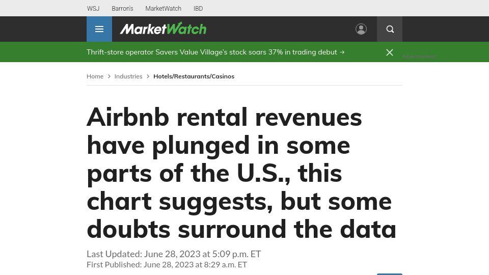 Screenshot of marketwatch.com: Airbnb rental revenues have plunged in some parts of the US, this chart suggests