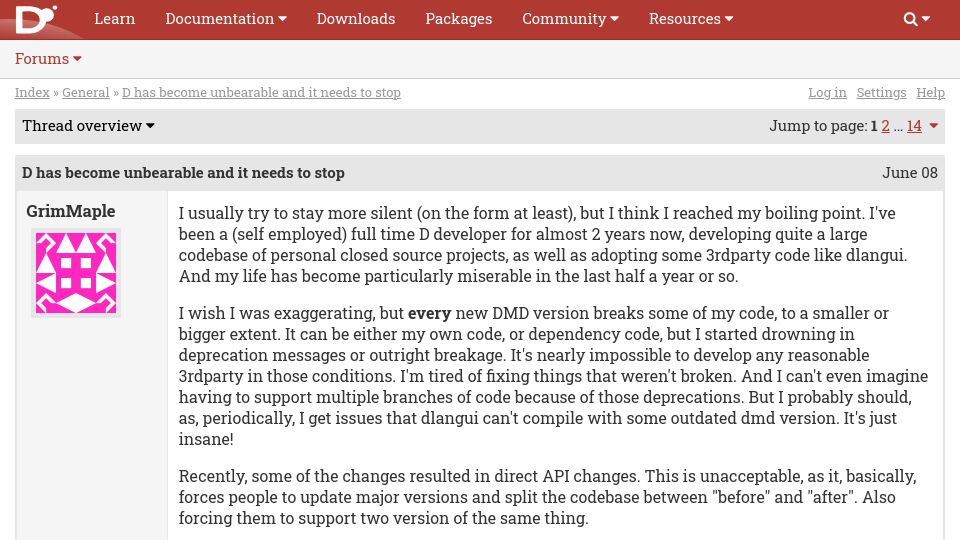 Screenshot of forum.dlang.org: Every new DMD version breaks some of my code