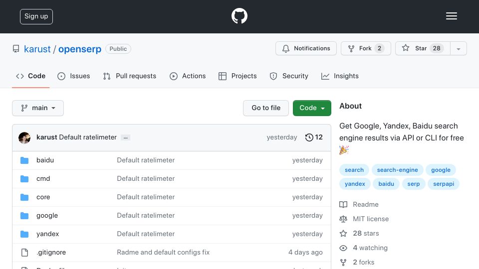 Screenshot of github.com: Now you can search on Google for free: Solution with API