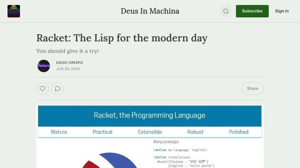 Screenshot of deusinmachina.net: Racket: Lisp for the modern day