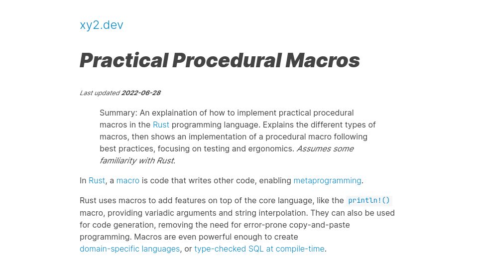 Screenshot of xy2.dev: Practical Procedural Macros in Rust