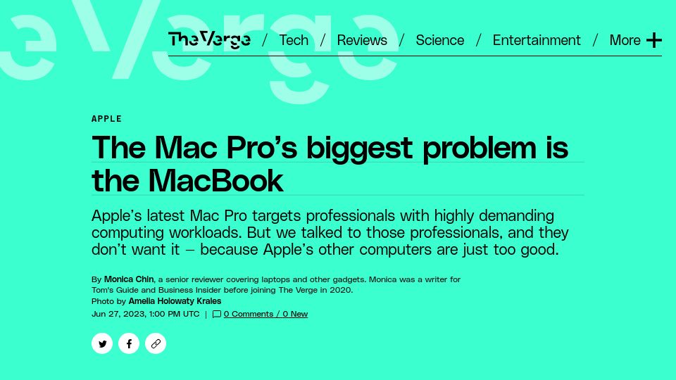 Screenshot of theverge.com: The Mac Pro’s biggest problem is the MacBook