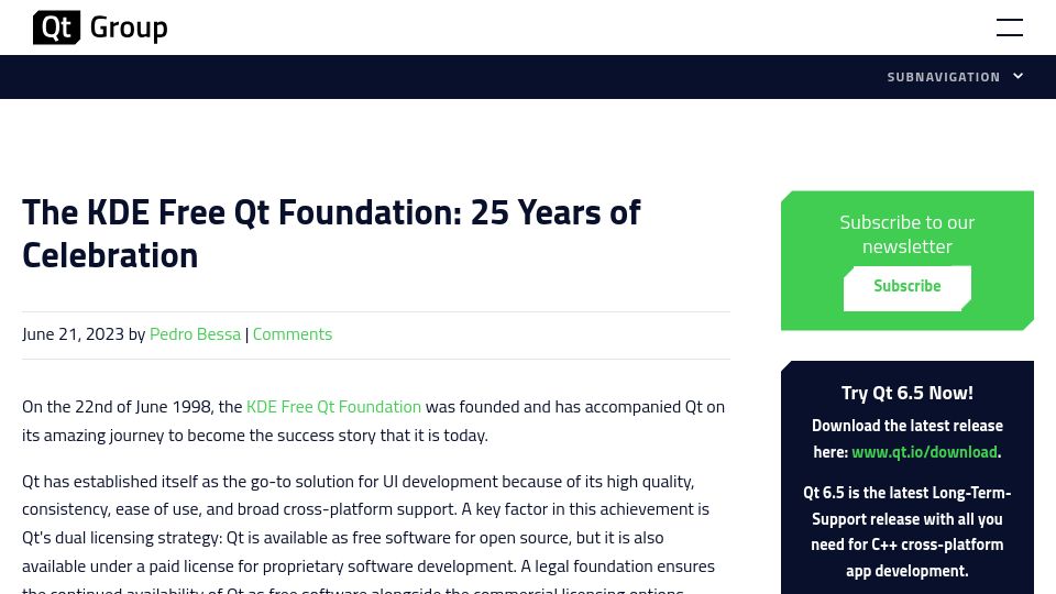 Screenshot of qt.io: The KDE Free Qt Foundation: 25 Years of Celebration