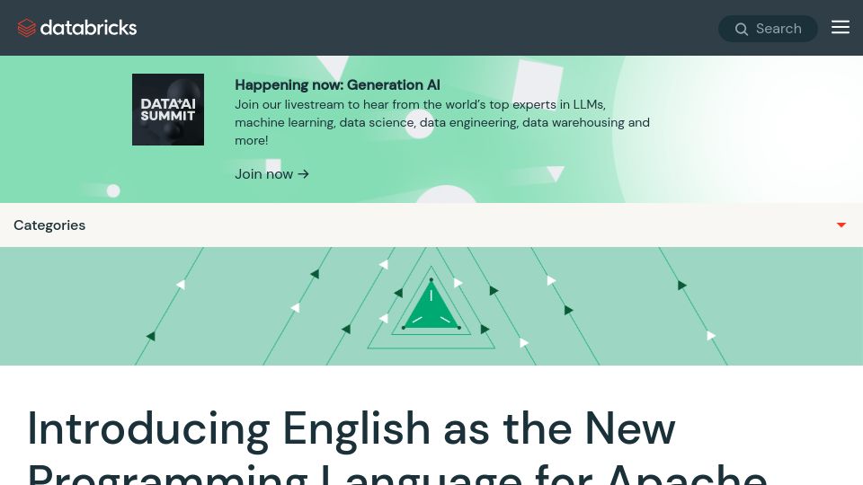 Screenshot of databricks.com: English as the new programming language for Apache spark