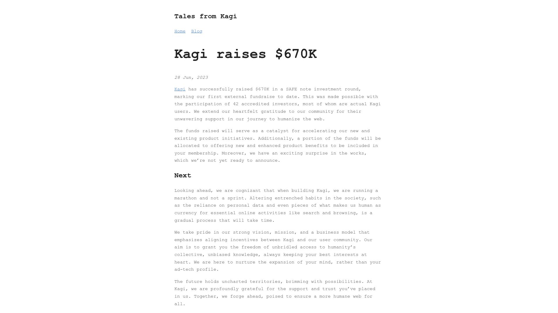 Screenshot of blog.kagi.com: Kagi raises $670k