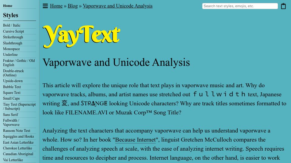 Screenshot of yaytext.com: Vaporwave and Unicode Analysis