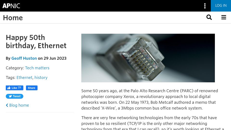 Screenshot of blog.apnic.net: Happy 50th Birthday, Ethernet