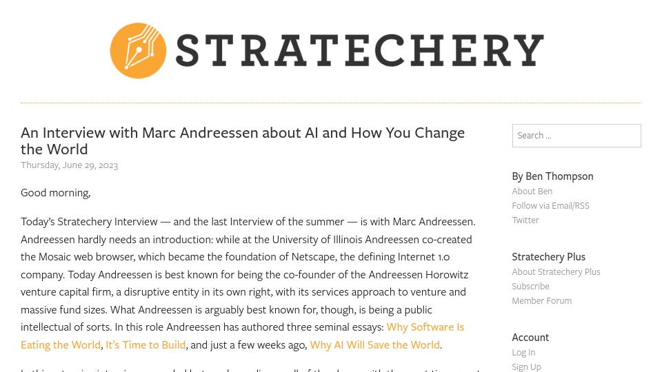 Screenshot of stratechery.com: An Interview with Marc Andreessen about AI and How You Change the World