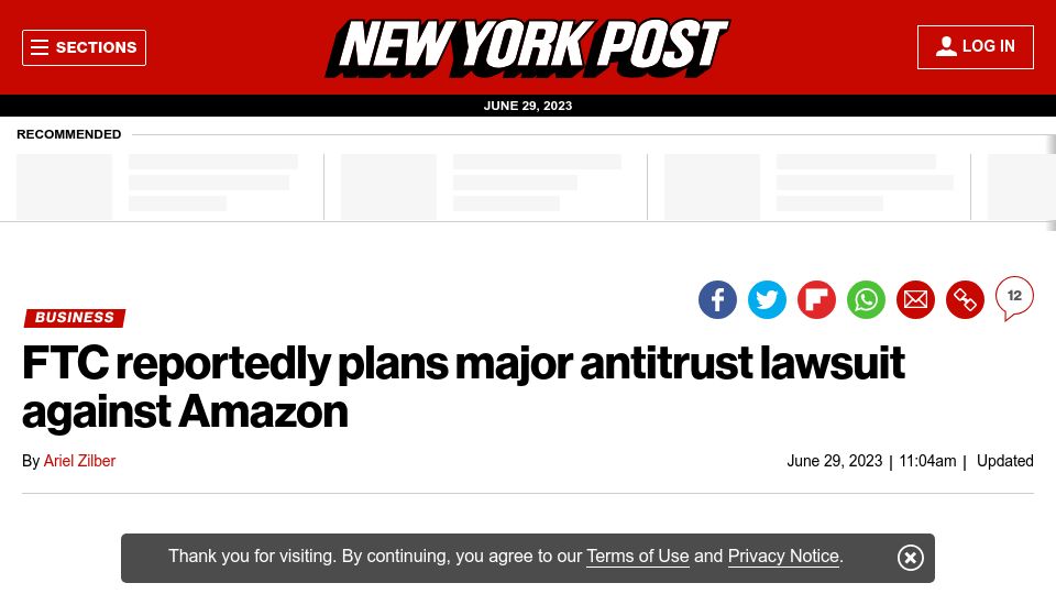 Screenshot of nypost.com: FTC reportedly plans major antitrust lawsuit against Amazon