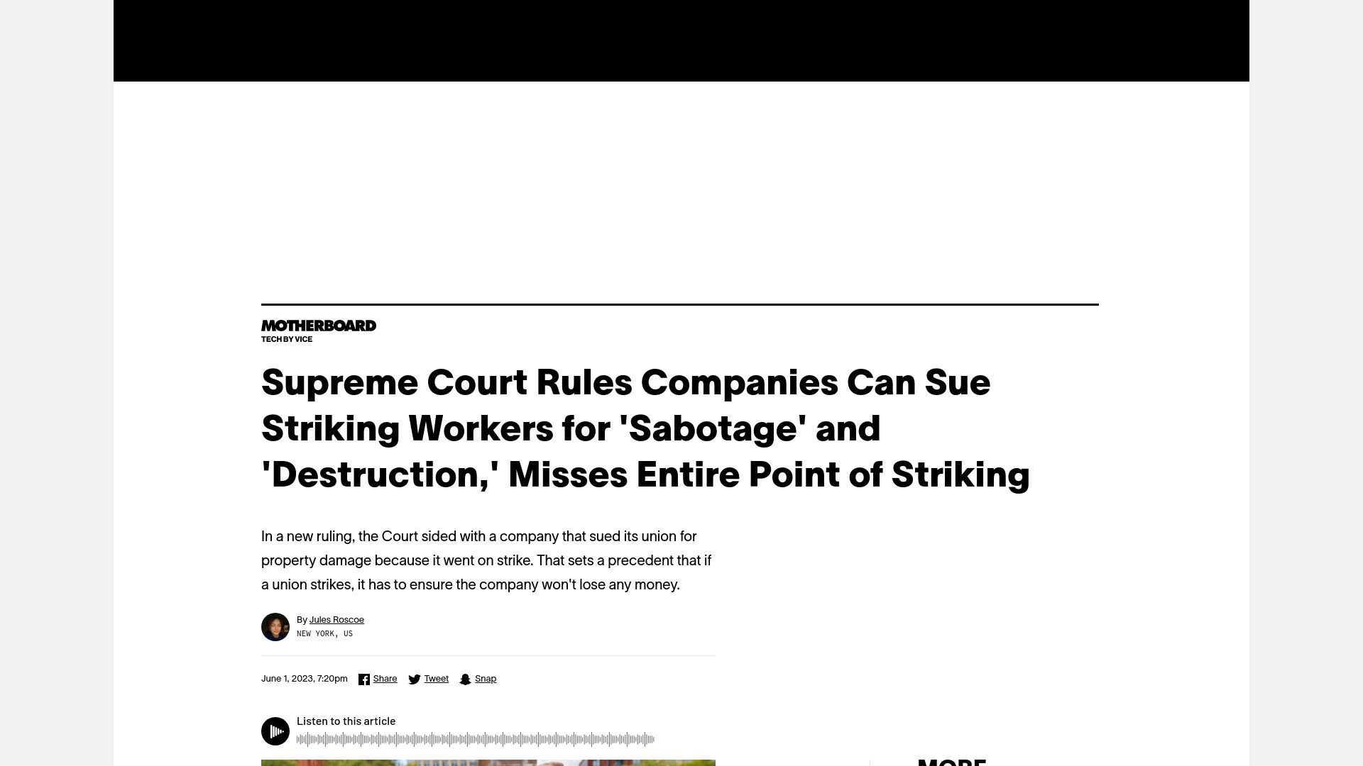 Screenshot of vice.com: Supreme Court Rules Companies Can Sue Striking Workers for 'Sabotage'
