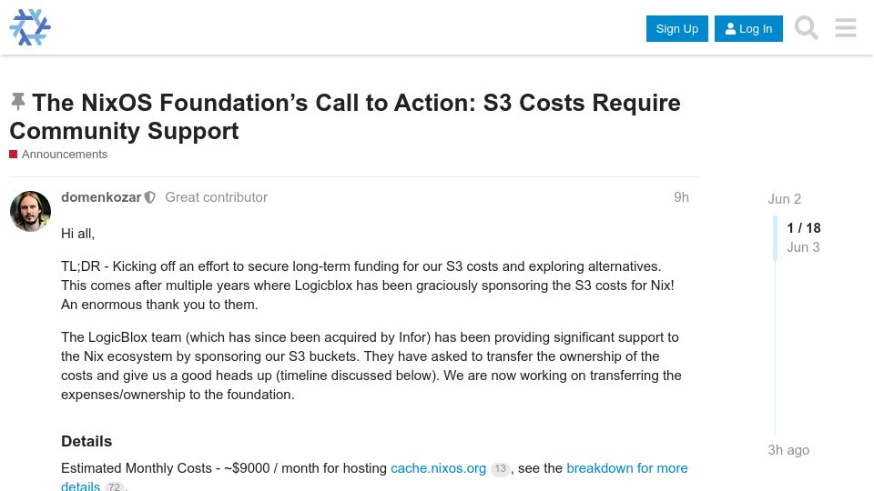 Screenshot of discourse.nixos.org: The NixOS Foundation’s Call to Action: S3 Costs Require Community Support