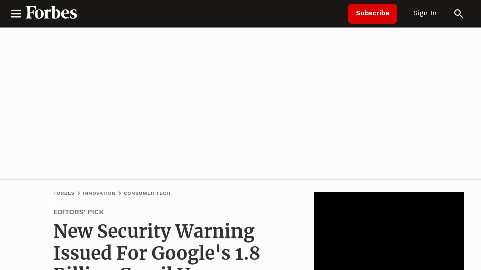 Screenshot of forbes.com: New Security Warning Issued for Google's 1.8B Gmail Users