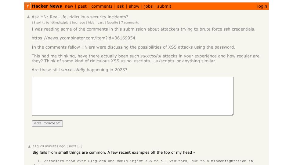 Screenshot of Hacker News post: Ask HN: Real-life, ridiculous security incidents?