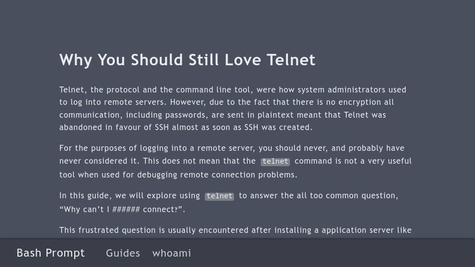 Screenshot of bash-prompt.net: Still Love Telnet