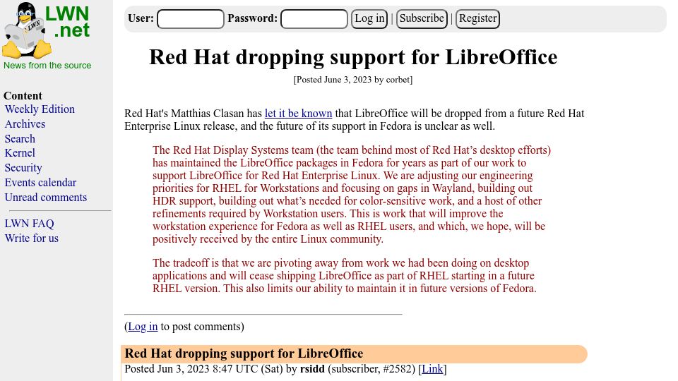 Screenshot of lwn.net: Red Hat dropping support for LibreOffice