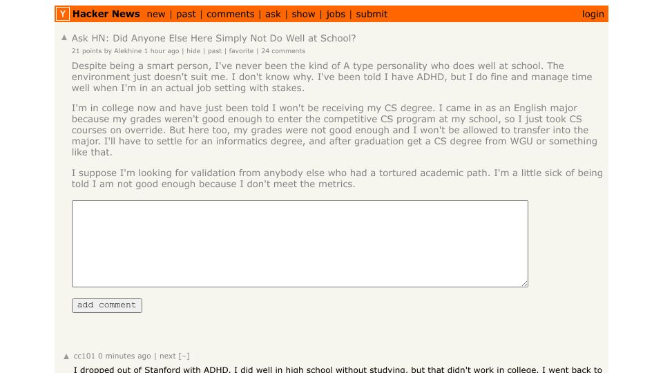 Screenshot of Hacker News post: Ask HN: Did Anyone Else Here Simply Not Do Well at School?