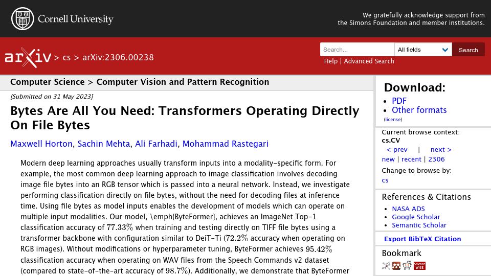 Screenshot of arxiv.org: Bytes are all you need: Transformers operating directly on file bytes