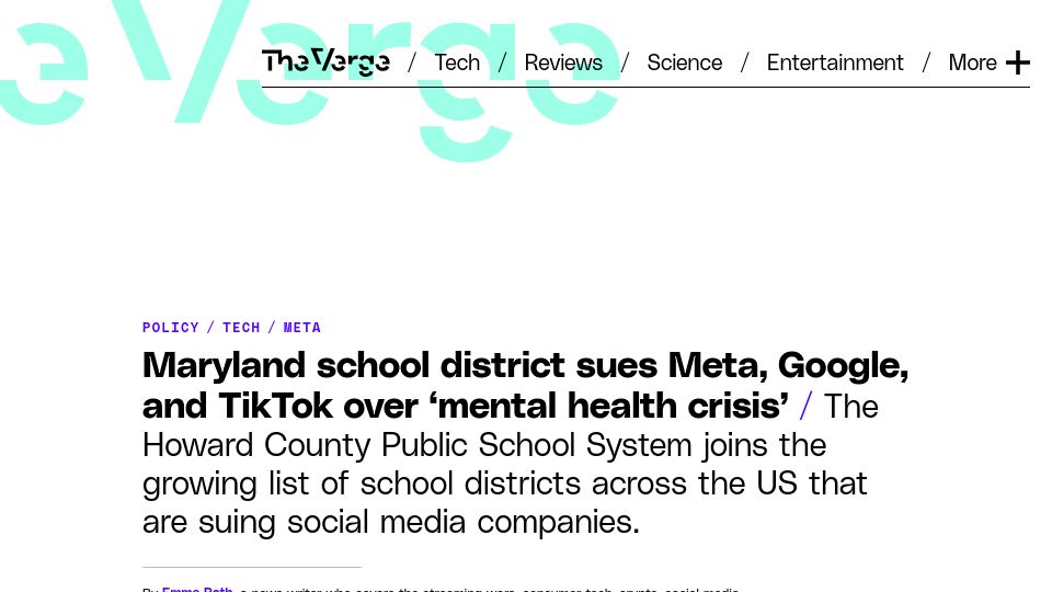 Screenshot of theverge.com: School district sues Meta, Google, and TikTok over ‘mental health crisis’