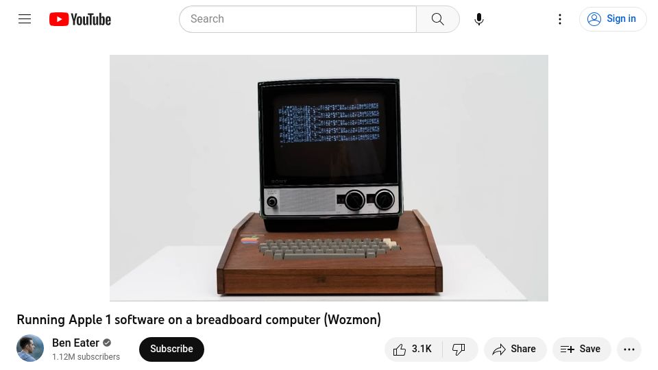 Screenshot of youtube.com: Running Apple 1 software on a breadboard computer (Wozmon) [video]