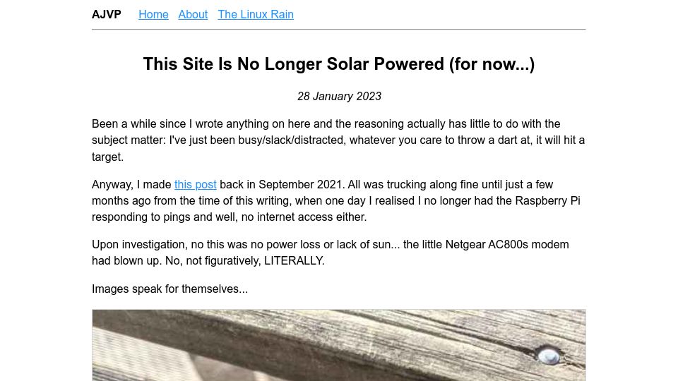 Screenshot of andrewjvpowell.com: This site is no longer solar powered for now