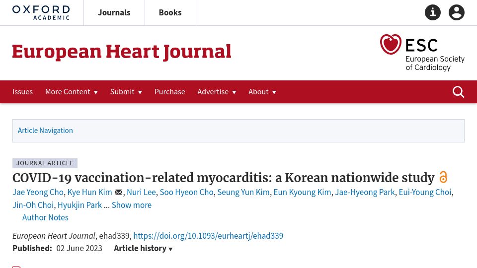 Screenshot of academic.oup.com: Covid-19 vaccination-related myocarditis: A Korean nationwide study