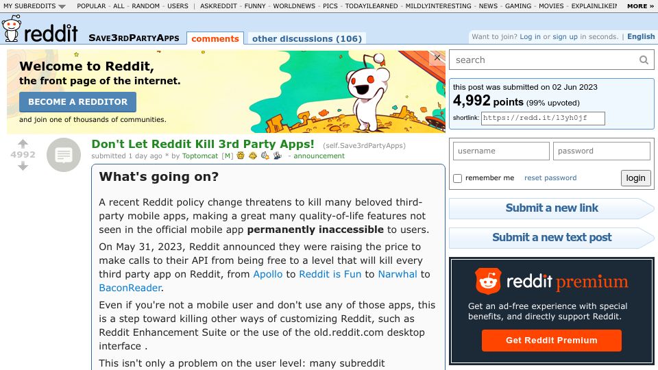 Screenshot of old.reddit.com: Don't let Reddit kill 3rd party apps