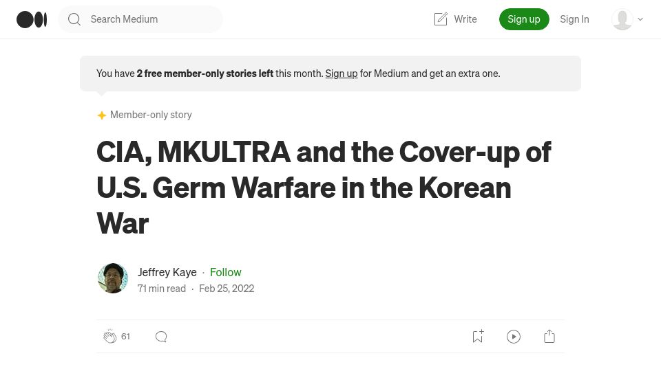 Screenshot of jeff-kaye.medium.com: CIA, MKUltra, and the cover-up of U.S. germ warfare in the Korean war (2022)